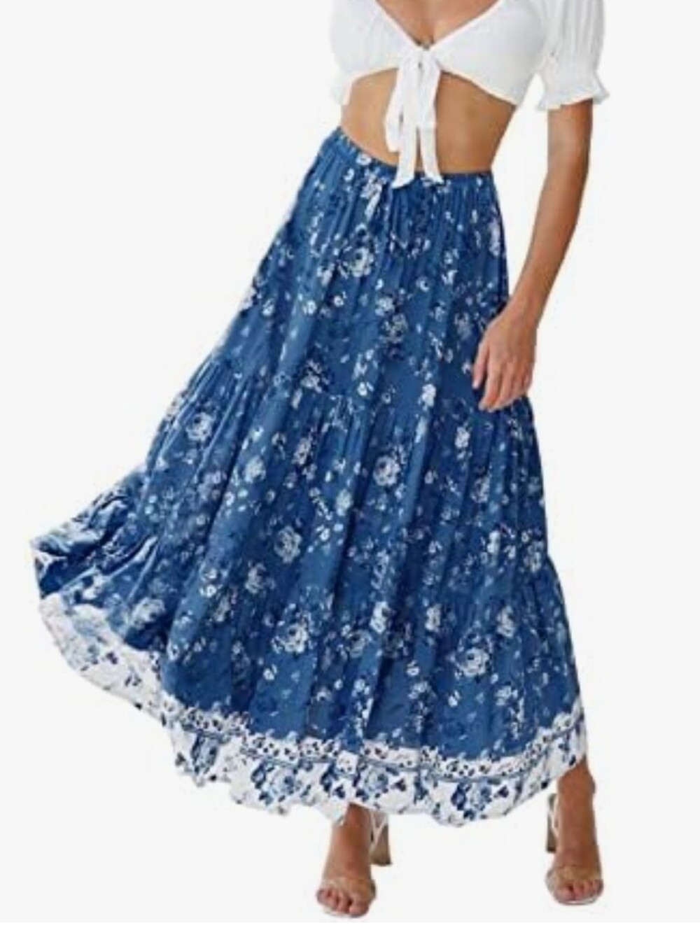 Zesica Boho Floral Maxi Skirt, Drawstring Waist, Shirred Waist, Border Print